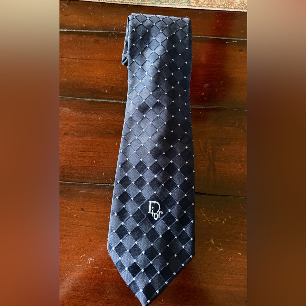 Dior Navy Diamond-Pattern Silk Tie with Subtle Logo